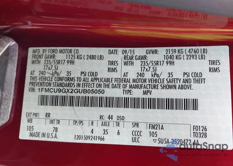 2016 Ford Escape Se from USA, damaged, VIN 1FMCU9GX2GUB05050